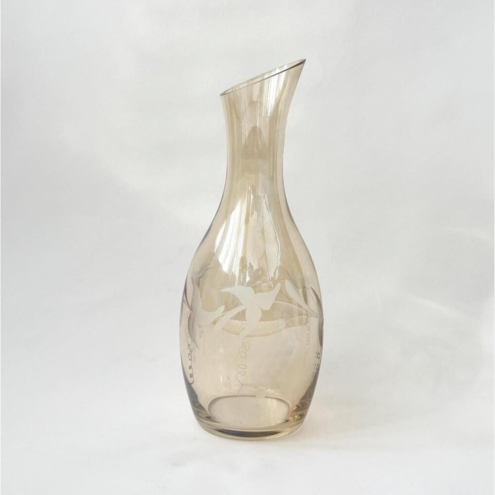 Etched Pale Yellow Glass Floral & Fruit Vintage Art Nouveau Oblique Glass Carafe